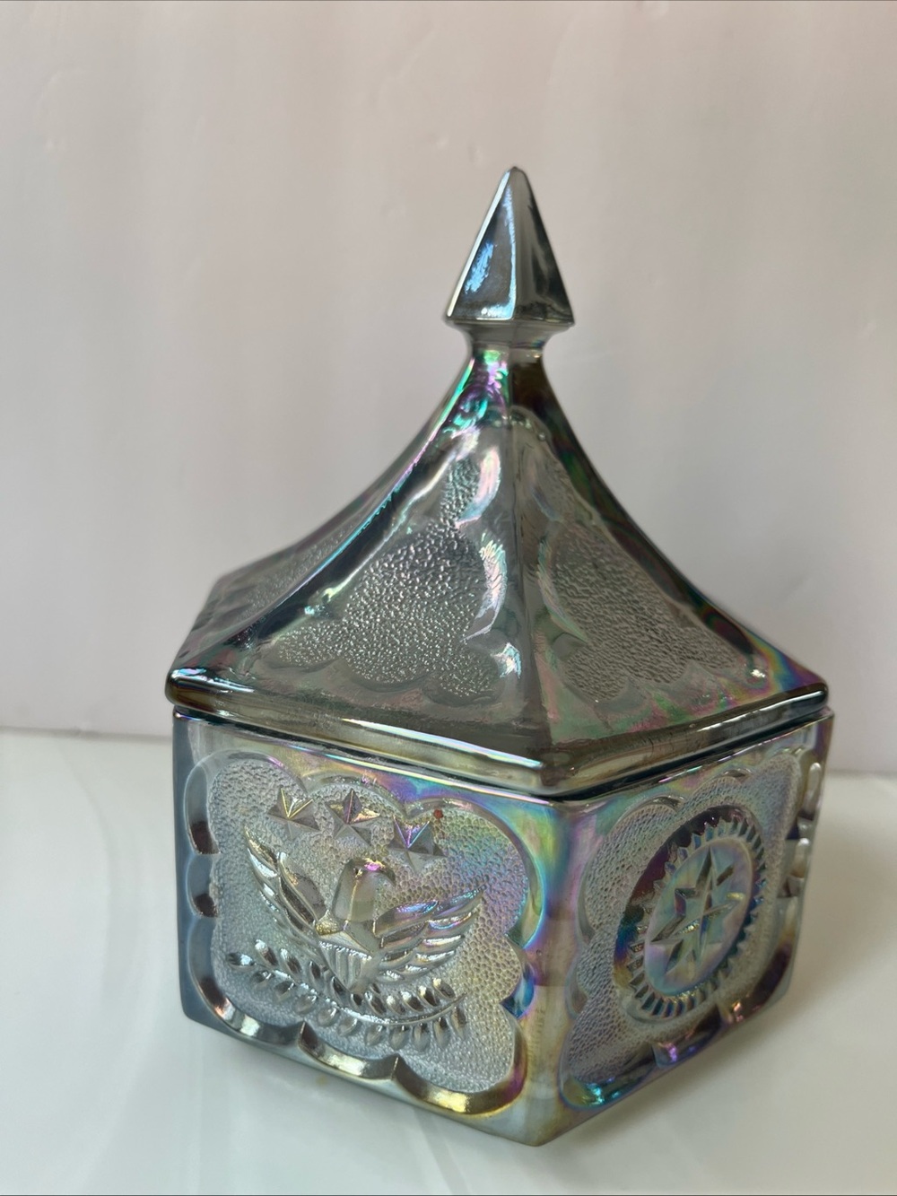 Indiana Glass Iridescent Carnival Glass Lidded Trinket Box